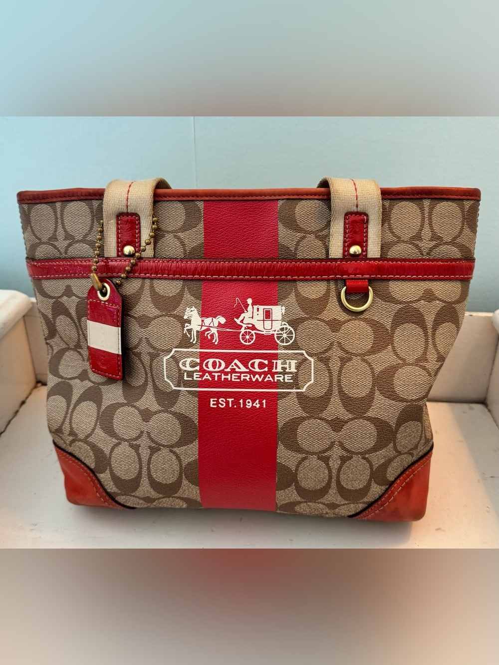 Coach K0768-11350 Heritage Signature Tote Purse beige/red